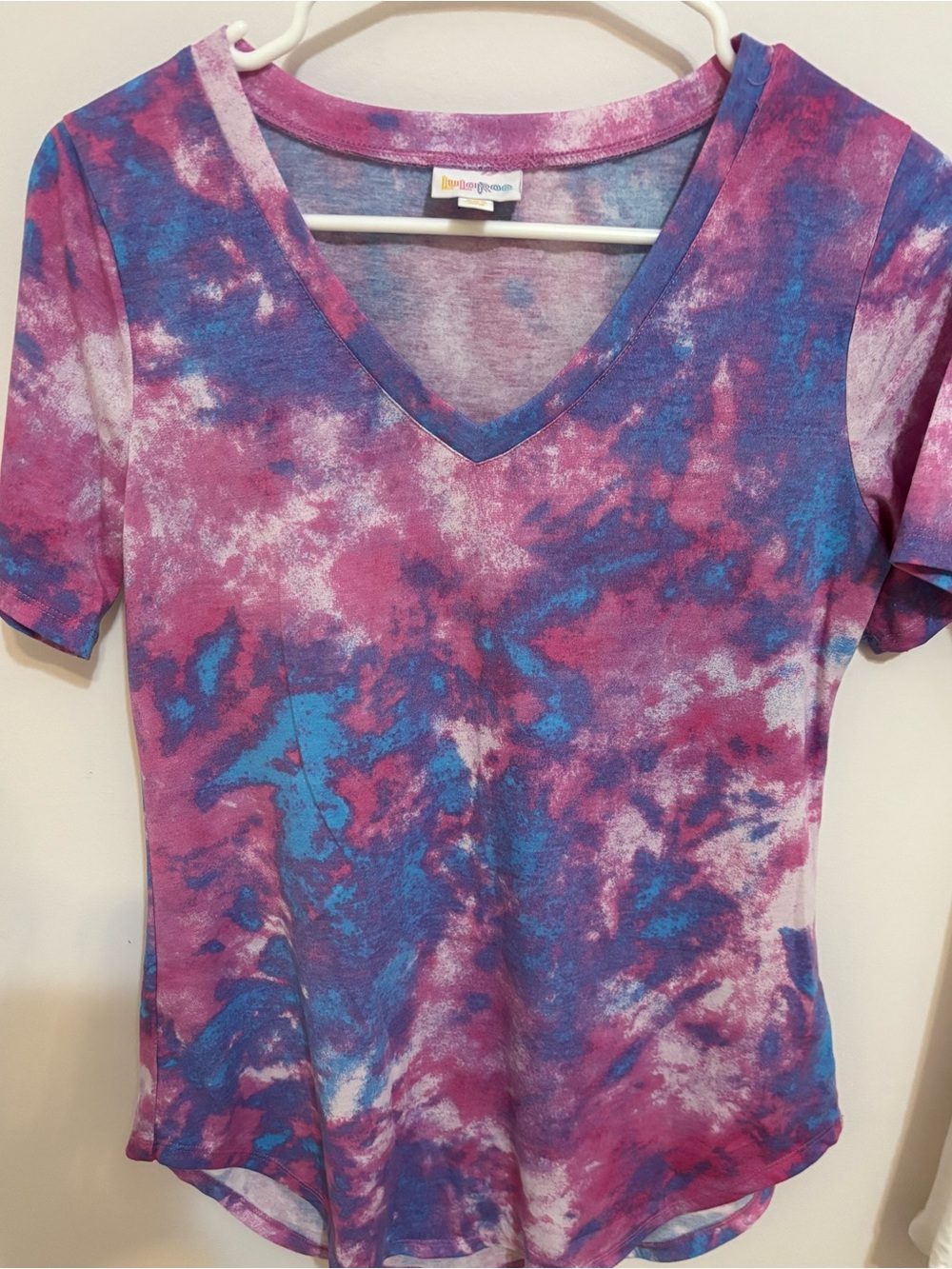 LuLaRoe XXS Pink & Blue Tie-Dye V-Neck Short Sleeve Top